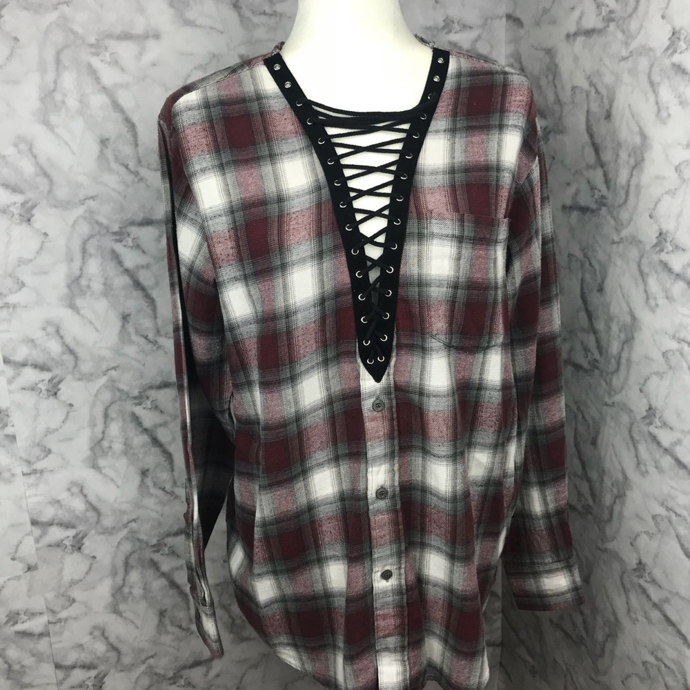 Furst Of A Kind Plaid Flannel Lace Front Top
